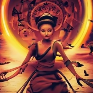 Abstract image of girl with black hair in bun and brown sleeveless dress. A golden sun with debris is behind her.